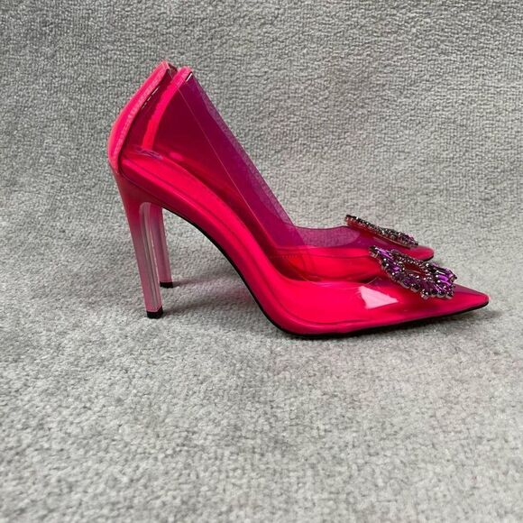 NEW Good American Cinderella Hot Pink Embellished Pump Heels Women’s 7.5 - Picture 3 of 5